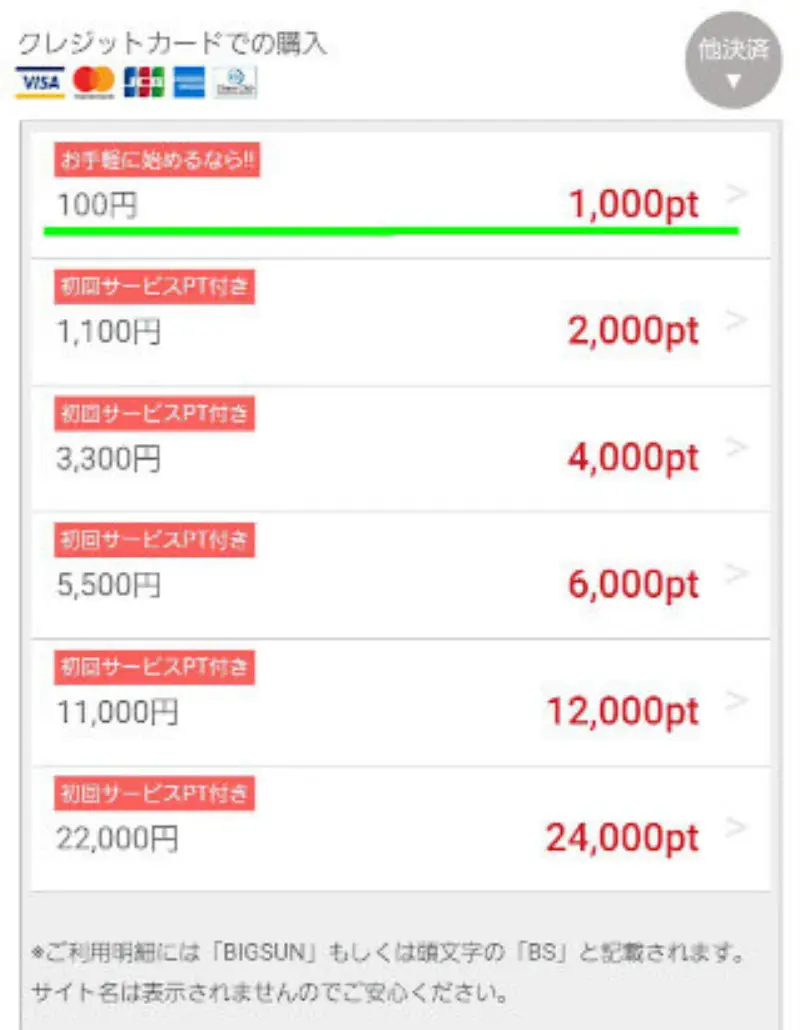 マダムライブに無料登録した後、クレジット決済でのポイント追加で初回サービスポイントがもらえる